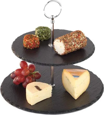 Obrázek produktu pro Etagere s 2 úrovněmi ardezie a kovové - Ø 25 cm a Ø 20 cm, H: 24 cm