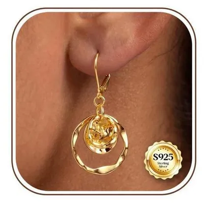Immagine prodotto di Orecchini pendenti in argento 925, placcati in oro, da donna, ipoallergenici, con ciondolo a forma di moneta, chiusura a leva, diametro 38 mm