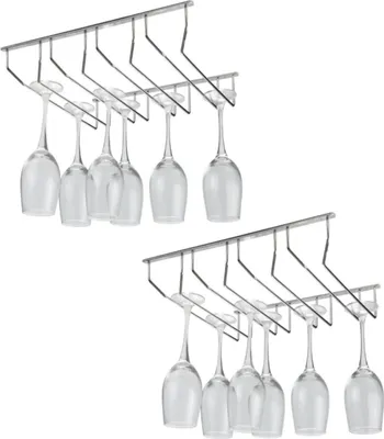 Two metal wine glass racks mounted on a white background, each holding several wine glasses.