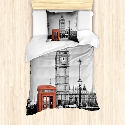 Produktbild von ABAKUHAUS London Mantele, Telefonzelle Big Ben, Milbensicher Allergiker geeignet mit Kissenbezügen, 135 cm x 200 cm - 80 x 80 cm, rot Grau