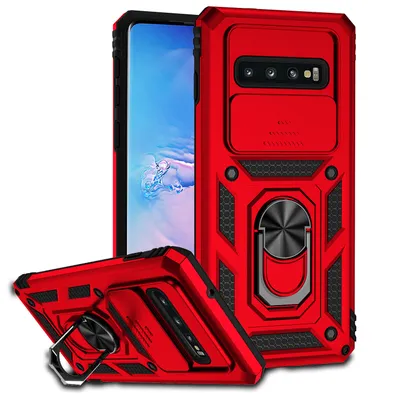 Immagine prodotto di Custodia per Samsung Galaxy S10 Plus a doppio strato con copertura fotocamera scorrevole e supporto ad anello rosso