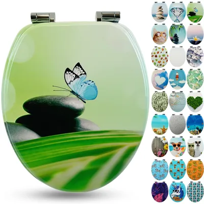 Produktbild von Sanfino® Premium WC Sitz "Blue Butterfly" hochwertiger Toilettendeckel mit Absenkautomatik aus Holz, hoher Sitzkomfort & einfache Montage