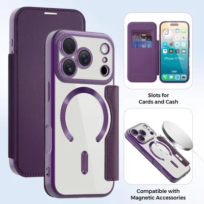 Produktbild von Klapphülle für iPhone 17 Pro Kompatibel mit Magsafe, Klar Überzug Kartenhalter Ledertasche mit Kameraschutz Lila