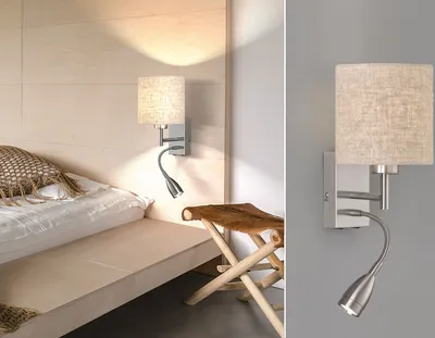 Produktbild von LED Wandleuchte mit Leselampe & Stoffschirm Beige - Bettleuchte & Leselicht Sofa