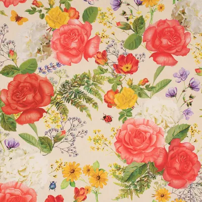 Produktbild von Outdoorstoff Meterware Polyacryl Teflonbeschichtung Rose Garden Rosen Blumen beige bunt 140cm