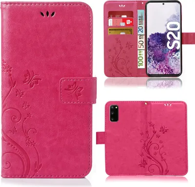 A collage of images showing a pink flip phone case with a floral and butterfly embossed pattern. The collage includes a front view of the case, a view of the case open with cards and cash inserted, and a view of the case from the back.