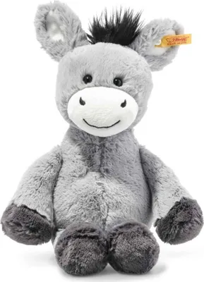 A plush toy donkey sits facing the camera against a white background.