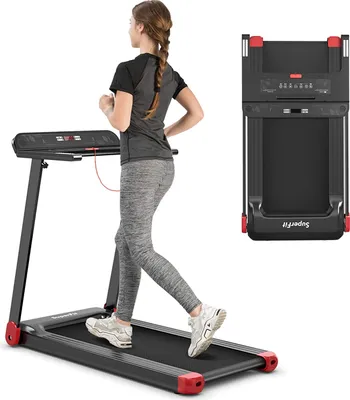 A woman is running on a treadmill, with a folded treadmill shown in the background.
