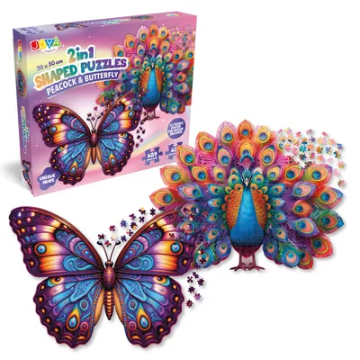 Produktbild von Joya Creative Puzzle Tiere 2-in-1 - Pfau & Schmetterling - Puzzle für Erwachsene - 689 und 626 Teile - Format 70x50 cm