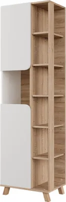 A tall, narrow cabinet with two white doors on the left and open shelves on the right, standing on four wooden legs.