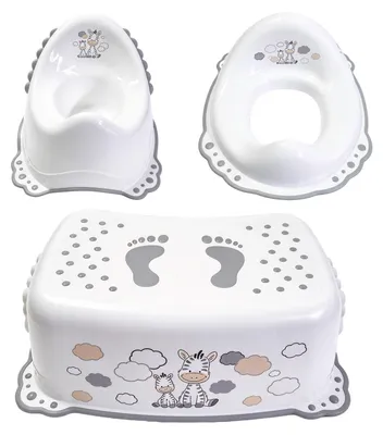 Imagen del producto de Conjunto de orinal para bebés de COSTWAY, apto para bebés a partir de 18 meses, que incluye un orinal, un taburete y un asiento de entrenamiento para el baño. El asiento de entrenamiento para el baño tiene respaldo y bordes