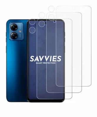 A blue smartphone is shown next to several clear screen protectors. The screen protectors are layered on top of each other, with the brand name 'SAVVIES' and 'SMART PROTECTION' printed on the phone's screen.