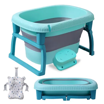 Produktbild von KIKIDO Baby Badewanne-Faltbadewanne mit Badekissen und Abfluss- für Neugeborene & Kleinkinder (0–6 Jahre)-3 in 1 Baby Bathtub-Babywanne Einsatz-Blau