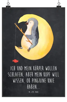 Produktbild von Mr. & Mrs. Panda Bild Pinguin Mond DIN A1 - Kreidetafel - Geschenk, Spruch, wanddeko, Posterdruck, Plakat, Neugierig, Schlafzimmer, Süßigkeiten, Angel, kunstdruck poster