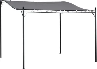 A gray fabric canopy pergola with black metal poles, shown against a white background.