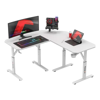 Produktbild von Huzaro Hero 7.3 White Gaming Schreibtisch, höhenverstellbar, Eckdesign, 140x80 cm, Carbonplatte, Kopfhörer- & Getränkehalter, bis 100 kg