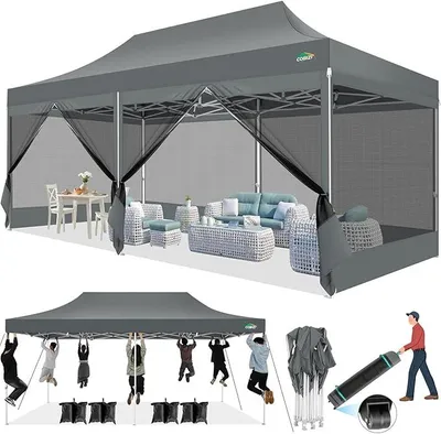 Imagen del producto de Pabellón de 3x6 metros. Pabellón plegable de 3x6 metros, impermeable y estable. Pabellón pop-up, tienda de campaña para fiestas, pabellón para jardín, plegable, con protección UV y 6 paneles laterales de malla, color gris