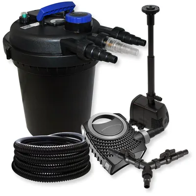 Immagine prodotto di Set completo SunSun: filtro a pressione per laghetti CPF-250 fino a 10000 L con chiarificatore per laghetti da 11W, pompa per laghetti CTF-8000 da 8000l/h 70W, tubo da 25m per laghetti da 25 mm (1"), pompa per fontane HJ-943 ECO da 800l/h 16W, distributore a Y