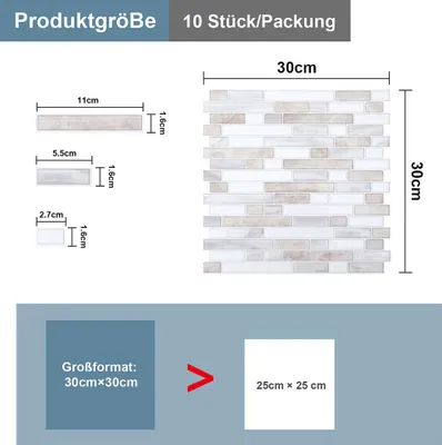 Produktbild von Faziango Fliesenaufkleber 30x30cm Fliesen-Folie 10 Stück Deko selbstklebende Klebefliesen Weißbraun für Küche Bad Wohnzimmer Zimmer
