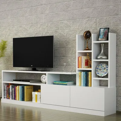 Produktbild von Fernsehschrank Dbrignol, Ständer für Wohnzimmerfernseher, Niedriges Wohnzimmer-Sideboard, TV-Ständerbasis, 164x25h91 cm, Weiß