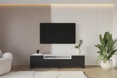 Produktbild von ALTDECOR TV-Schrank KITO-S mit Gefrästen Fronten 200x53x41 Lowboard, TV Möbel, TV Cabinet, Fernsehtisch, Fernseher Schrank, TV Kommode, TV Tisch, TV Sideboard, TV Board - Weiß / Schwarz
