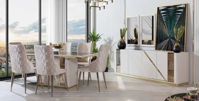 Produktbild von Beige Edelstahl Esszimmer Garnitur Designer Esstisch x6 Stühle Kommode