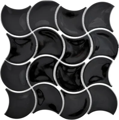 Produktbild von Mosaik Fliese Keramik Fächer schwarz glänzend Welle Wandfliesen Badfliese MOS13-FSW03