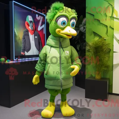 Produktbild von Hellgrüner REDBROKOLY Pfau als Maskottchenkostüm mit Windjacke und Ohrringen