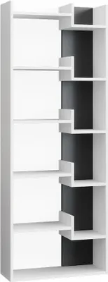 A tall, narrow white bookshelf with staggered black compartments.