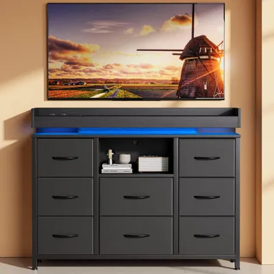 Obrázok produktu pre Komoda INONEFT s 8 zásuvkami a 1 otvorenou policou, komoda s LED osvetlením, portami typu C a USB, vhodná do spálne a obývačky