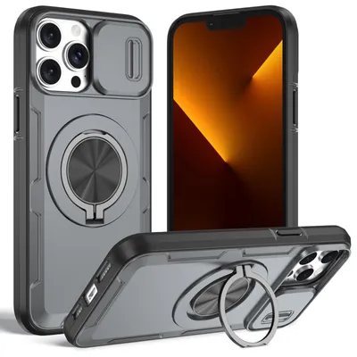 Produktbild von Magnetische Hülle für iPhone 13 Pro, Militär Stoßfest Handyhülle mit Kameraschutz und Ringhalter Ständer Grau