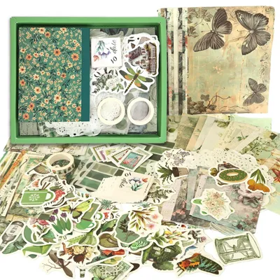 Scrapbook-Set 265-teilig, Vintage-Pflanzen, A6-Notizbuch, Sticker, Washi-Tape