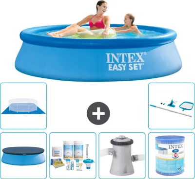 Produktbild von Intex runder aufblasbarer Easy Set-Pool – 244 x 61 cm – Blau – im Lieferumfang enthalten Abdeckung - Wartungspaket - Filterpumpe für Schwimmbad - Filter - Bodenplane - Reinigungskit