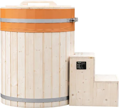 A wooden cold tub with attached steps and a control panel.