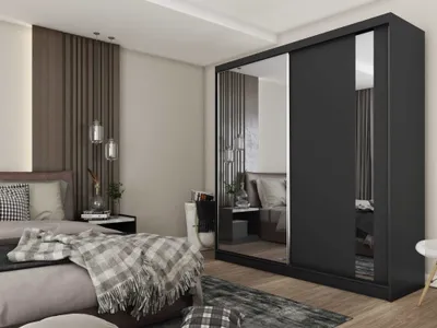 Produktbild von AGMAT Schwebetürenschrank Anzio, Kleiderschrank mit 2 Türen, Moderne Garderobe in Farbe: Schwarz, Schrank in Größe: 200 x 216 x 61 cm