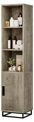 Produktbild von Badezimmerschrank, Hoch Badschrank, Schmaler Aufbewahrungsschrank mit verstellbaren Ablagen und 3 offenen Aufbewahrungsräumen, Mehrzweckschrank mit Türen und integriertem Griffdesign, 40 x 36 x 178 cm, Grau