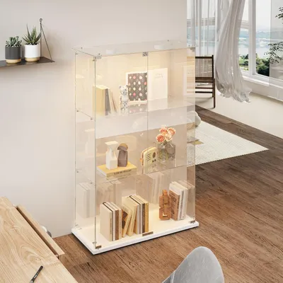 Image de Vitrine en verre avec éclairage LED, 3 étagères, dimensions 78,5 x 35 x 123,3 cm, couleur blanche, 2 portes