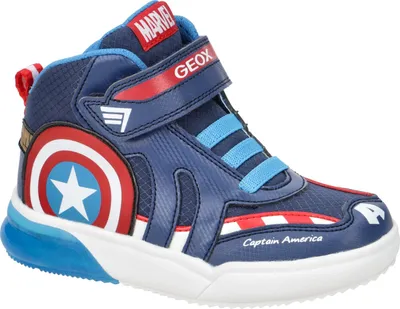 A single blue high-top sneaker with Captain America-themed details.