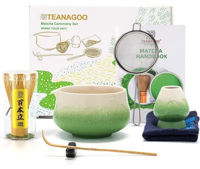 Immagine prodotto di Set per il matcha, 7 pezzi, verde, con ciotola, versatore, frustino, cucchiaino, setaccio, in bambù e Vetroceramica