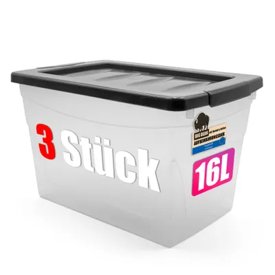 A clear studio shot of a clear plastic storage box with a black lid.