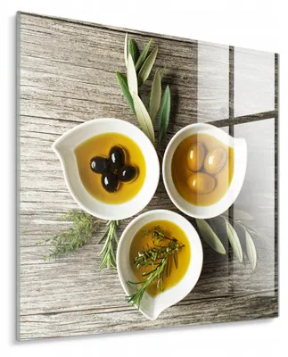 Image de STYLER, tableau en verre, 30x30 cm, style rustique, motifs : huile d'olive, herbes, cuisine. Décoration murale pour cuisine ou salle à manger