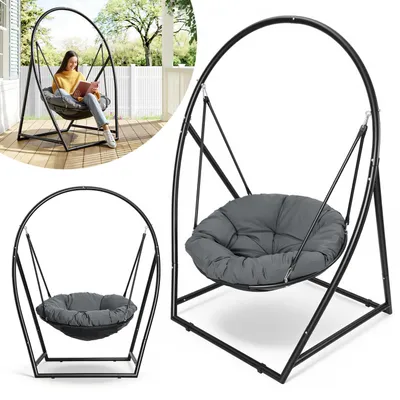 Produktbild von Ikodm Hängesessel mit Gestell und Kissen Hängeschaukel Hängestuhl bis 150kg für Indoor und Outdoor + Kissen Hängekorb Stahlgestell & Sitzpolster Schaukel Hängesitz Garten