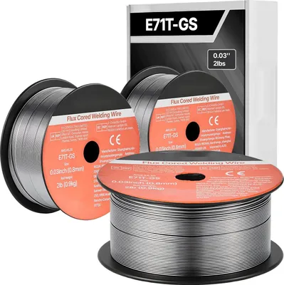 Image de Fil fourré Fil de soudage MIG - E71T-GS - Diamètre du fil 0,8 mm - Poids 0,9 kg par rouleau - Sans gaz de protection - Faible formation de projections - Pour toutes les positions de soudage - Lot de trois
