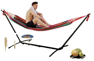 Produktbild von Hängematte mit Gestell, verstellbare Höhe, 120 kg Tragfähigkeit, Rot