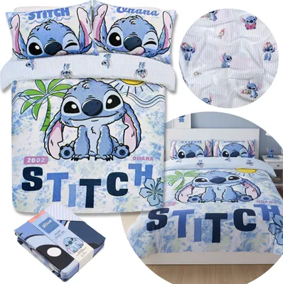 A collage of images showcasing Stitch-themed bedding, including a duvet cover, pillowcases, and a folded set of sheets.
