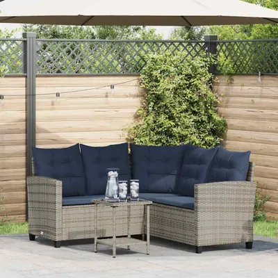Produktbild von Gartensofa in L-Form mit Tisch und Kissen Grau Poly Rattan, Gartensofas DesignMöbel