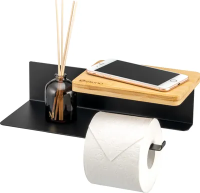 Image de eluno Distributeur de papier toilette VARAZ avec 2 tablettes, distributeur de rouleaux de papier toilette autocollant, en métal noir et bambou