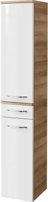 A tall, narrow cabinet with white doors and a wood-grain side panel.
