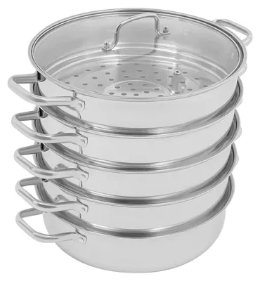 Produktbild von Edelstahl Dampfgarer Topf - 5-stöckiger stapelbarer Dämpfeinsatz - Doppelkessel - 32 cm Durchmesser - Glasdeckel - Für Gemüse, Dumplings, Meeresfrüchte