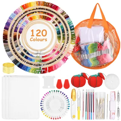Produktbild von Qixora DIY Stickerei Kit, 120 Farbfäden Stickerei Starter Kit, Leicht zu Lagern Kreuzstich Set für Erwachsene, 3 Aida Tücher und Kreuzstich Werkzeug Set mit 5PCS Bambus-Stickrollen Embroidery Kit